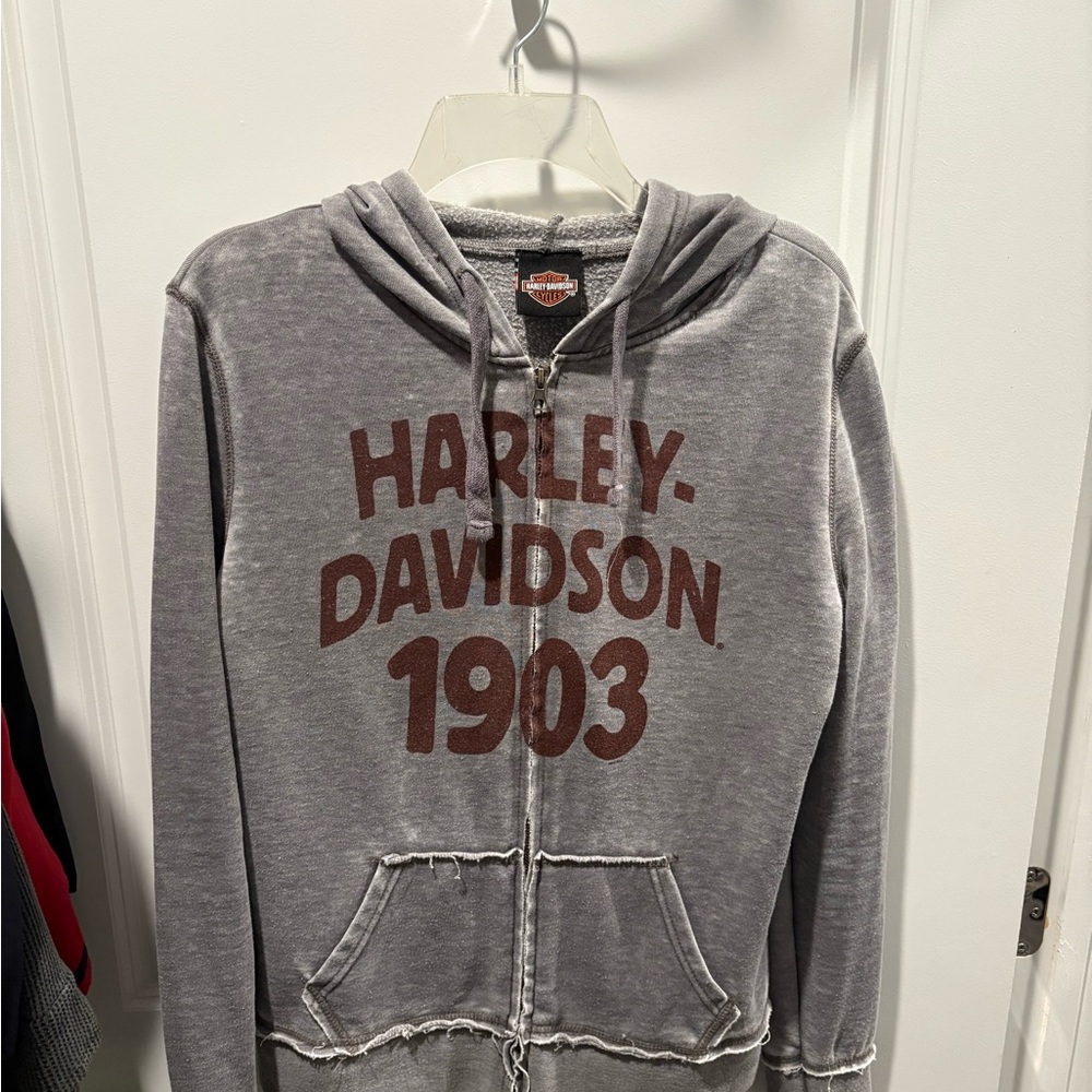 Harley-Davidson Gray and Brown Zip-Up Hoodie